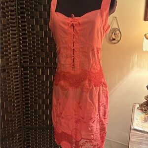 2000s Embroidered Lace up Cotton dress